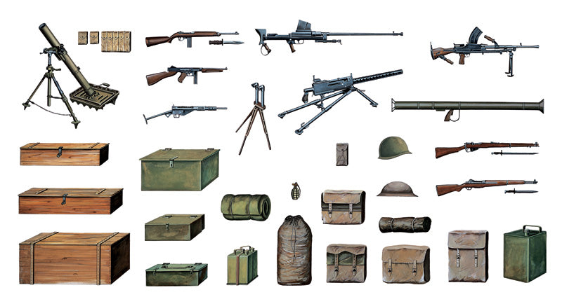 Italeri 407 1:35 Allied WWII Guns, Rifles, Mortars, packs, helmets, boxes etc #1