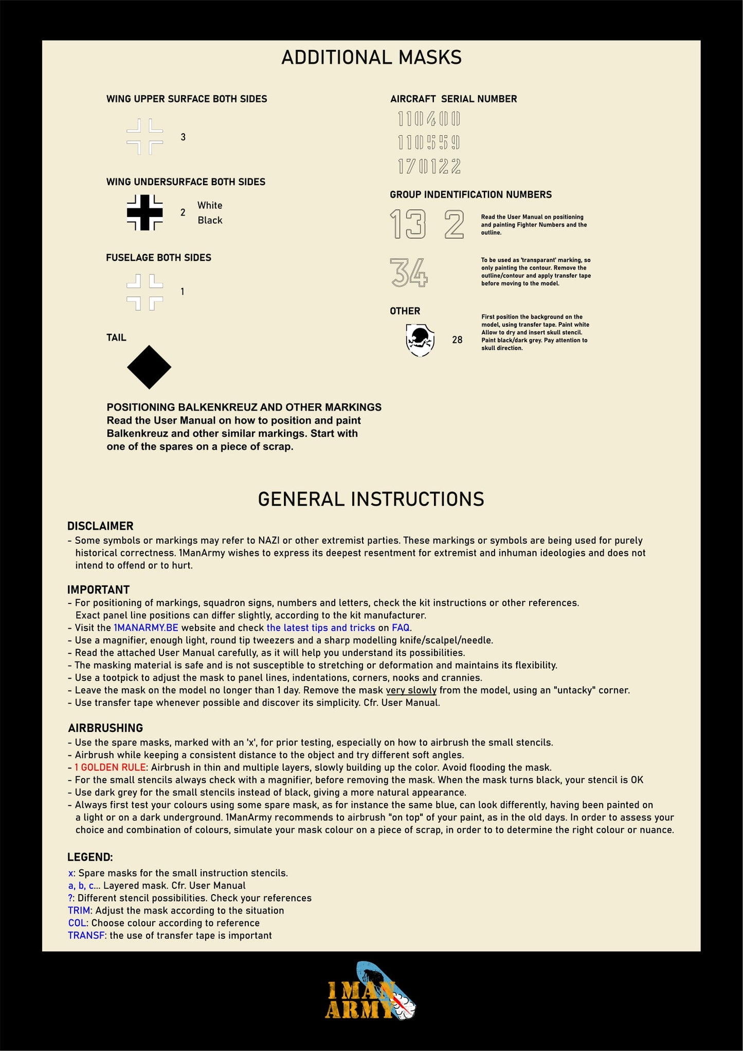 1ManArmy 18DET001 1:18 Messerschmitt Me-262A-1a high definition stencilling and national insignia paint masks (designed to be used with Hobby Boss kits)