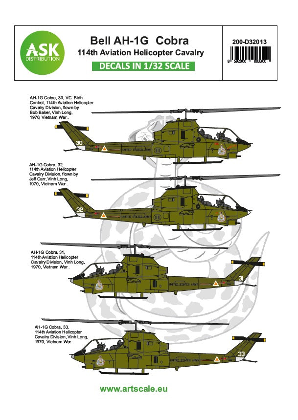 Art Scale 200-D32013 1:32 Bell AH-1G Cobra 11th Aviation Helicopter Cavalry part 3. Decal sheet. Contain decals for 4 markings.