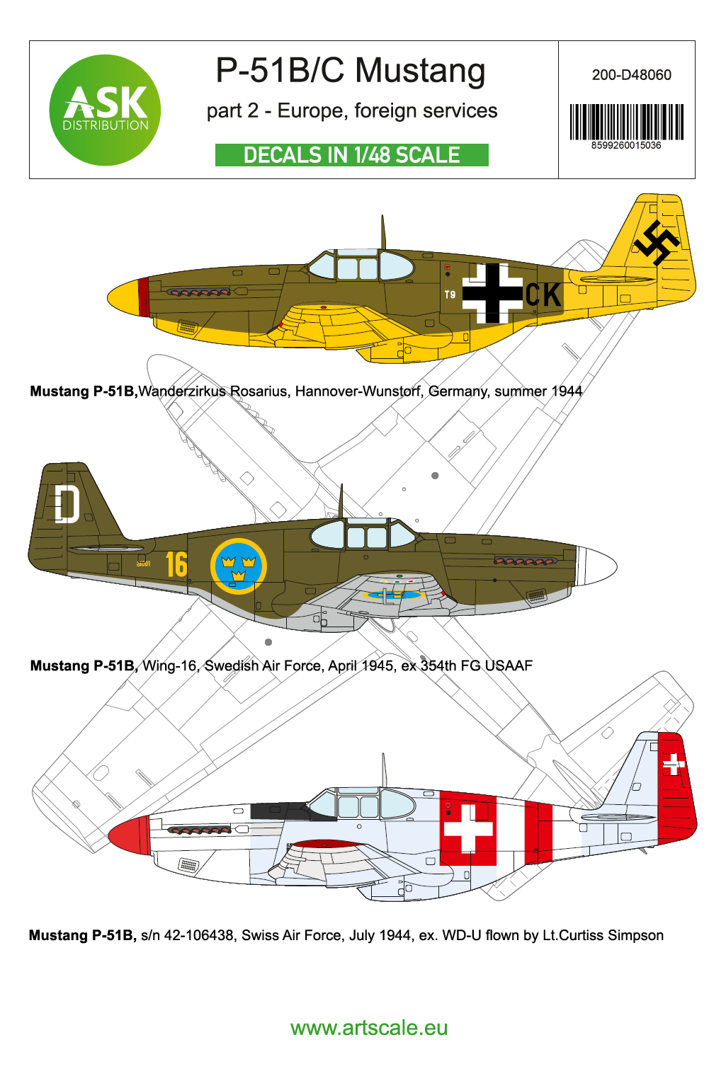 Art Scale 200-D48060 1:48 North-American P-51B Mustang part 2 - Over Europe in foreign services.