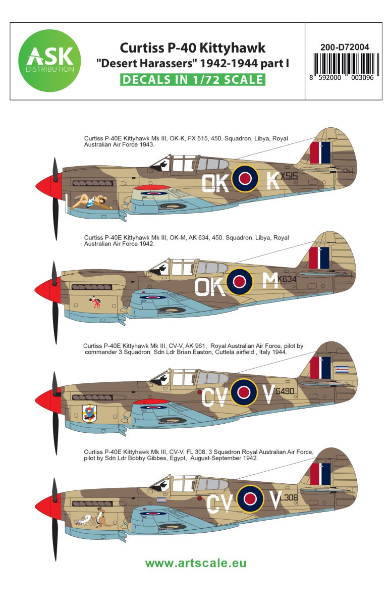 Art Scale 200-D72004 1:72 Curtiss P-40E Kittyhawk 'Desert Harassers' 1942-1944 part I