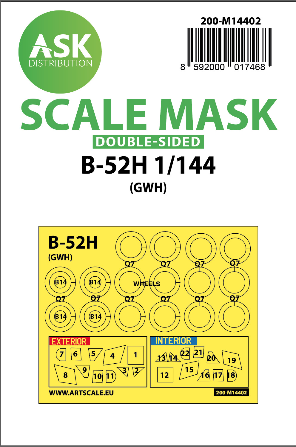 Art Scale 200-M14402 1:144 Boeing B-52H Superfortress wheels and canopy frame paint masks (inside & outside)