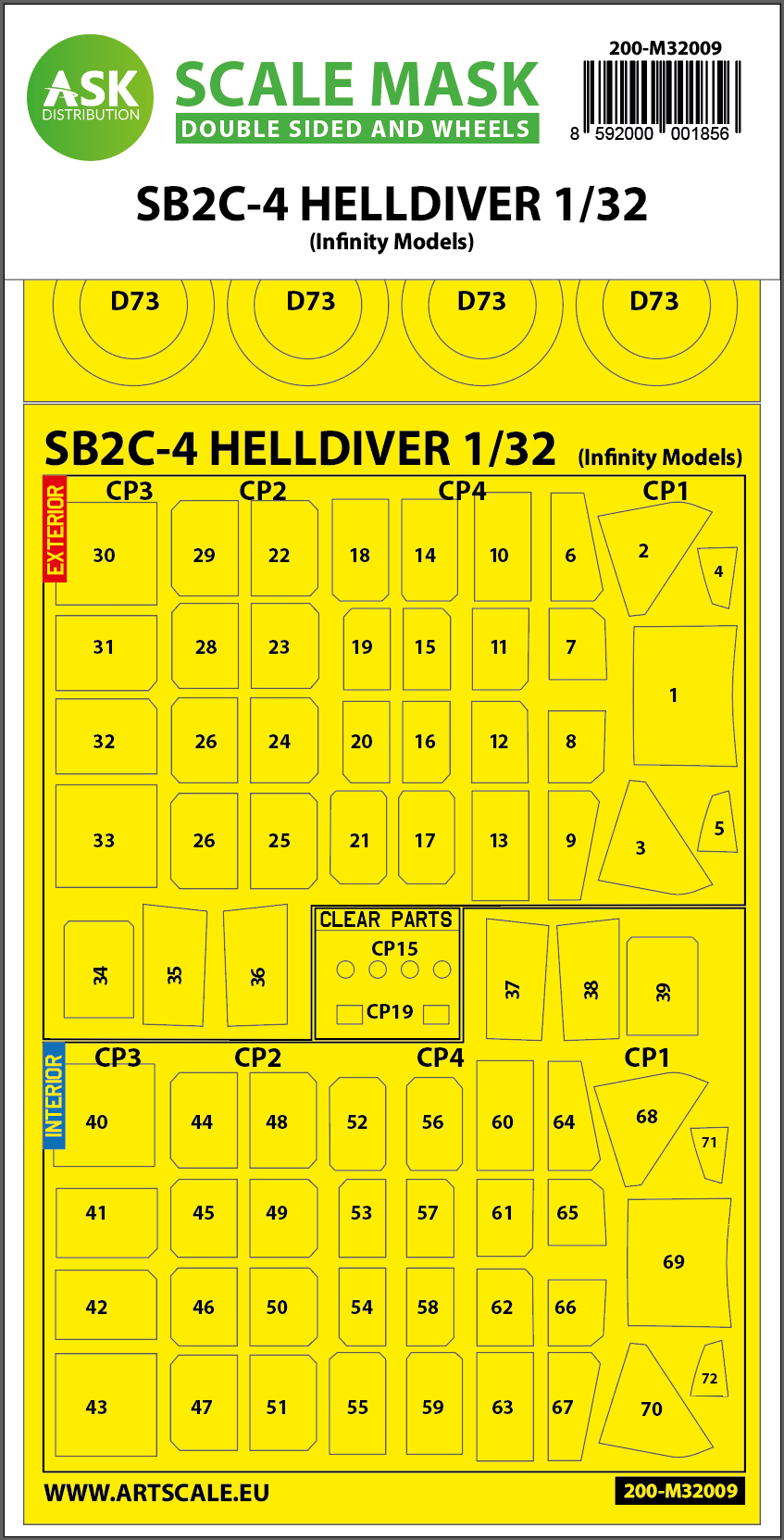 Art Scale 200-M32009 1:32 Curtiss SB2C-4 Helldiver wheels and canopy frame paint masks (inside & outside)