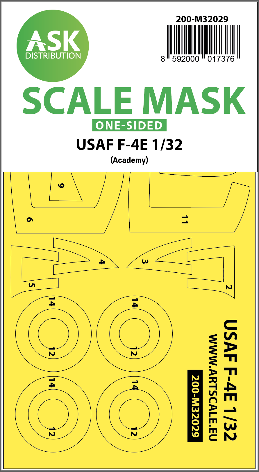 Art Scale 200-M32029 1:32 USAF McDonnell F-4E Phantom VietNam war wheels and canopy frame paint masks