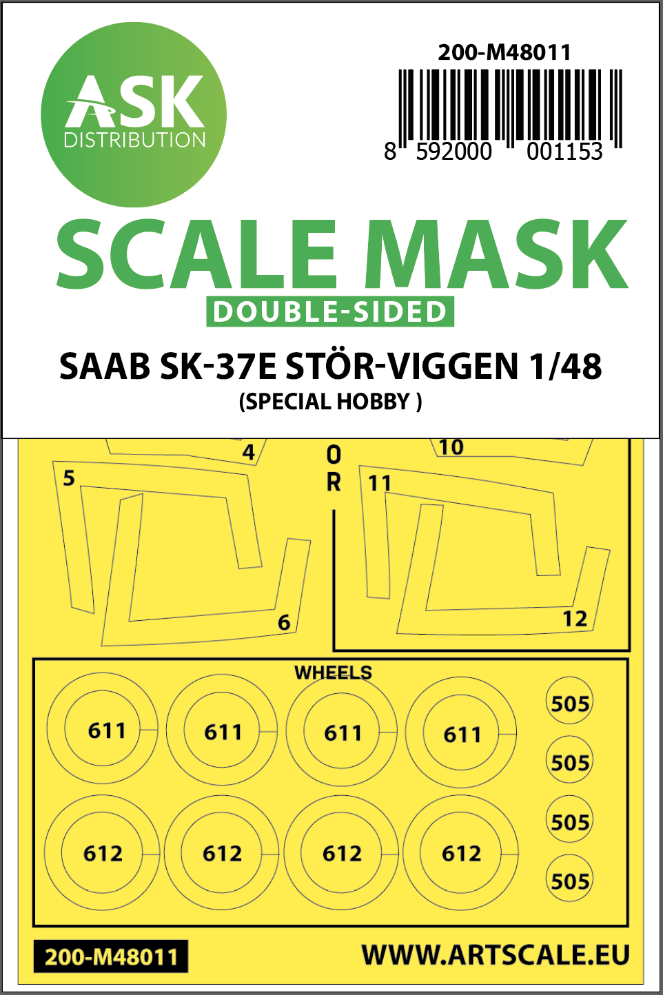 Art Scale 200-M48011 1:48 Saab SK-37E Stor-Viggen wheels and canopy frame paint masks