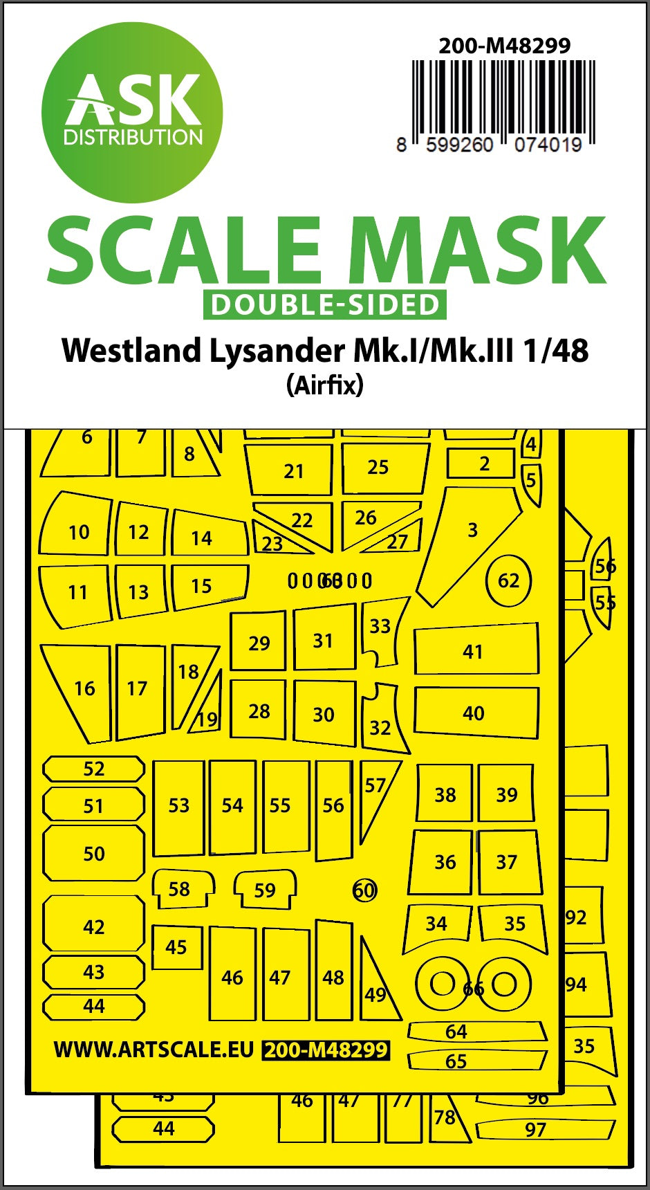 Art Scale 200-M48299 1:48 Westland Lysander Mk.I/Mk.III wheels and canopy frame paint mask