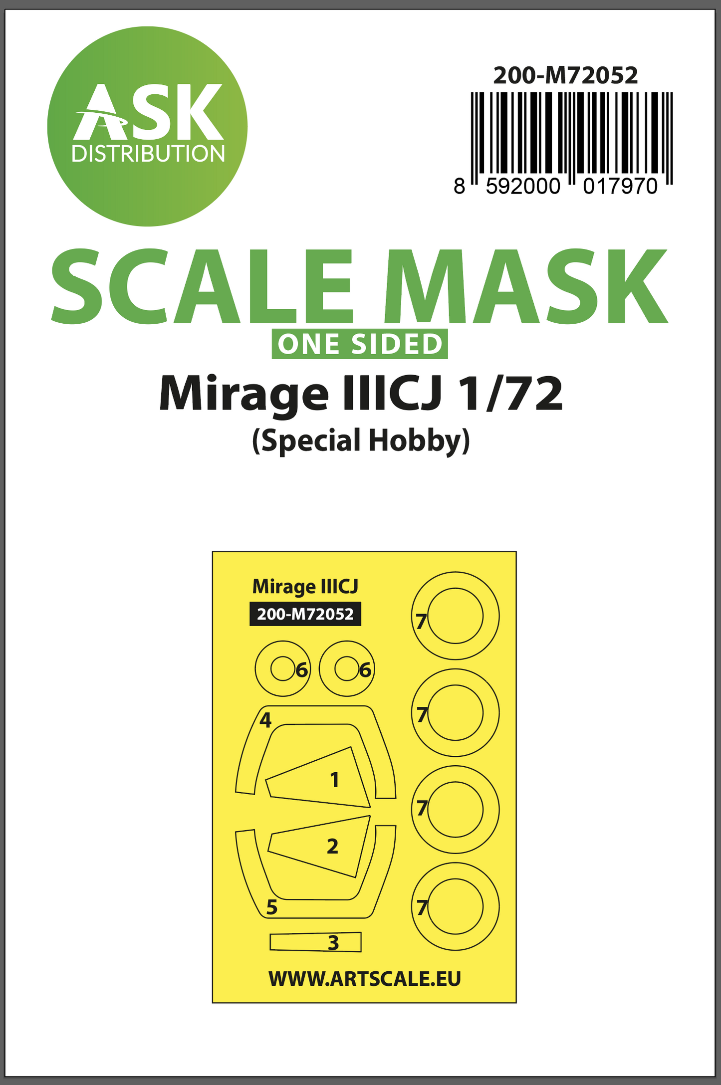Art Scale 200-M72052 1:72 Dassault Mirage IIICJ wheels and canopy frame paint masks