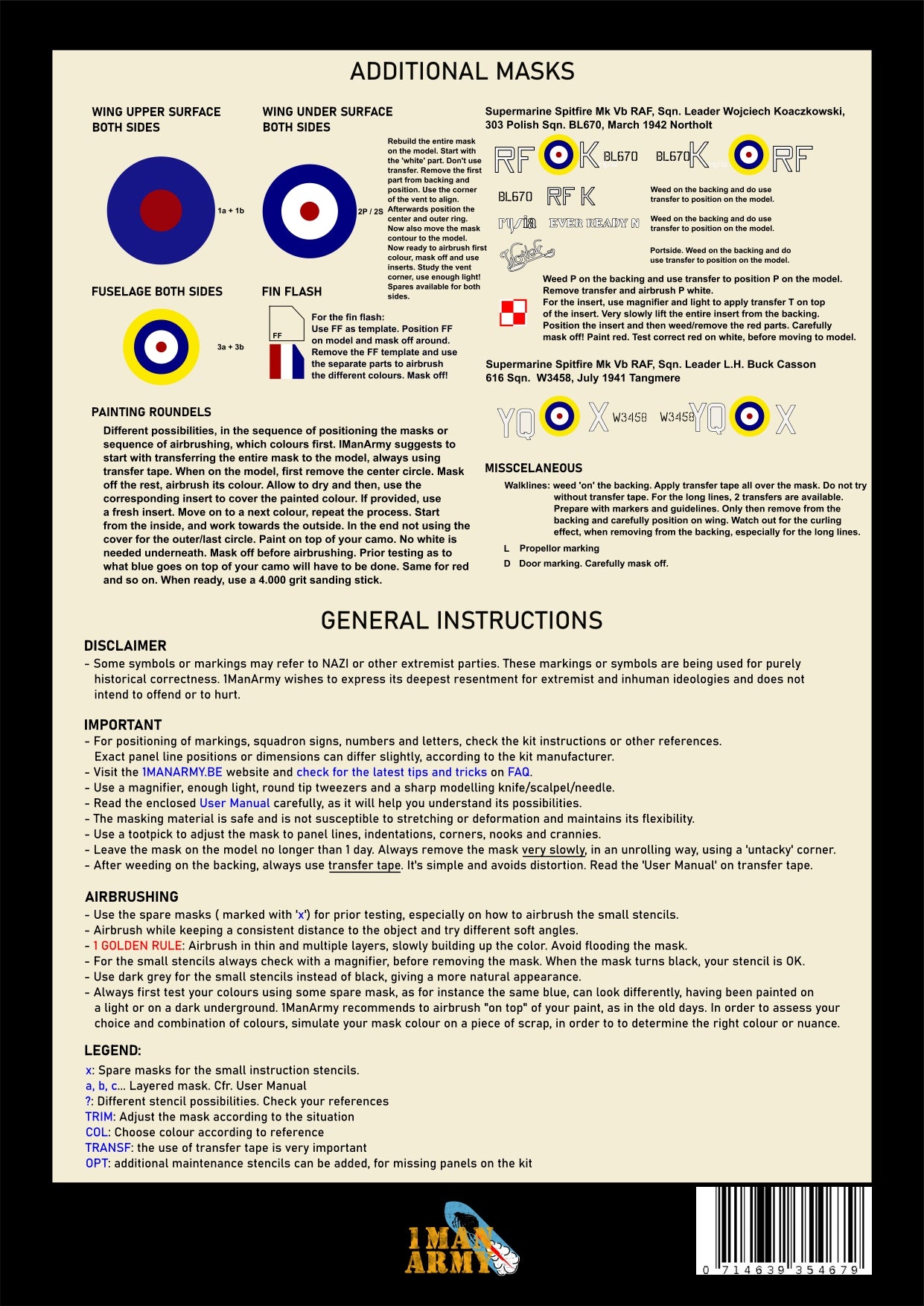 1ManArmy 24DET015 1:24 Supermarine Spitfire Mk.Vb High Definition Airbrush Masks