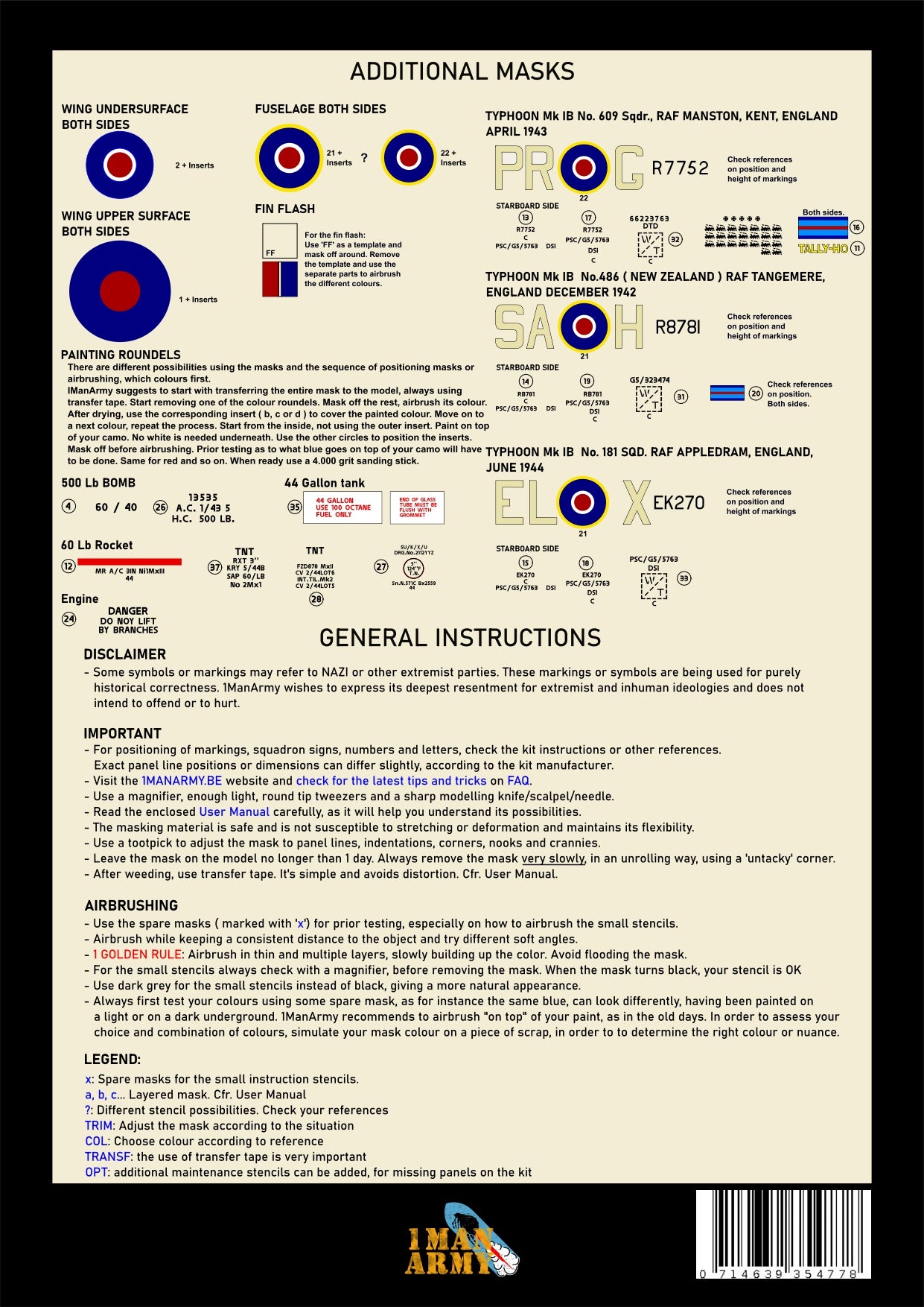 1ManArmy 24DET018 1:24 Hawker Typhoon Mk.IB 'Car Door' mask for Airfix