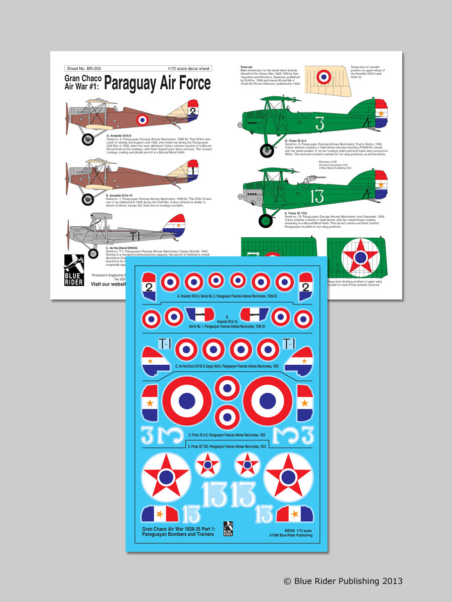 Blue Rider BR-250 1:72 Gran Chaco Air War. 5 Paraguayan Bombers and Transports from 1928-35 War.