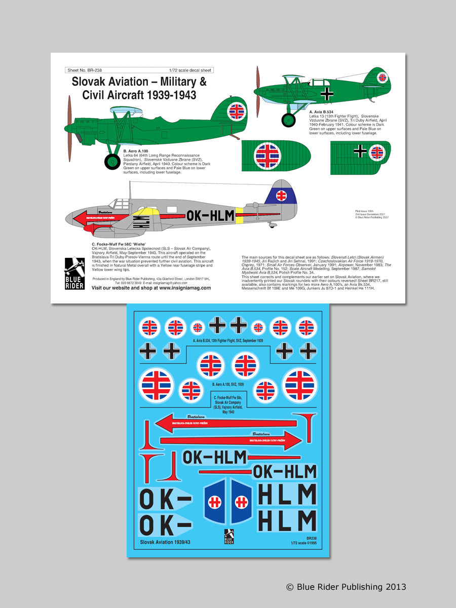 Blue Rider BR-238 1:72 Slovak Aviation Aero A.100 1940; Avia B-534/IV 1940/41; Focke-Wulf Fw-58C OK-HLM 1943