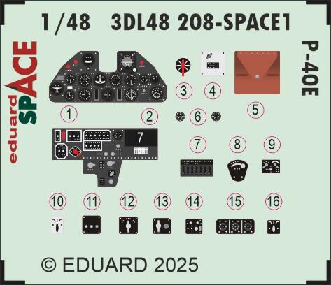 Eduard 3DL48208 1:48 Curtiss P-40E SPACE - 3D-printed waterslide instrument decals and etched seat-belts