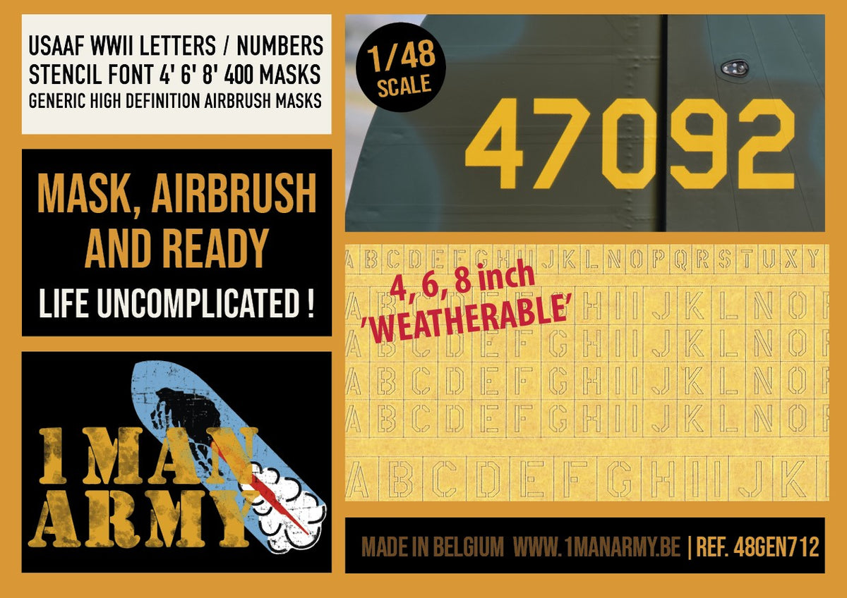1ManArmy 48GEN712 1:48 USAAF WWII Letters/Numbers Stencil font 4' 6' 8' Generic Set High Definition Airbrush Masks