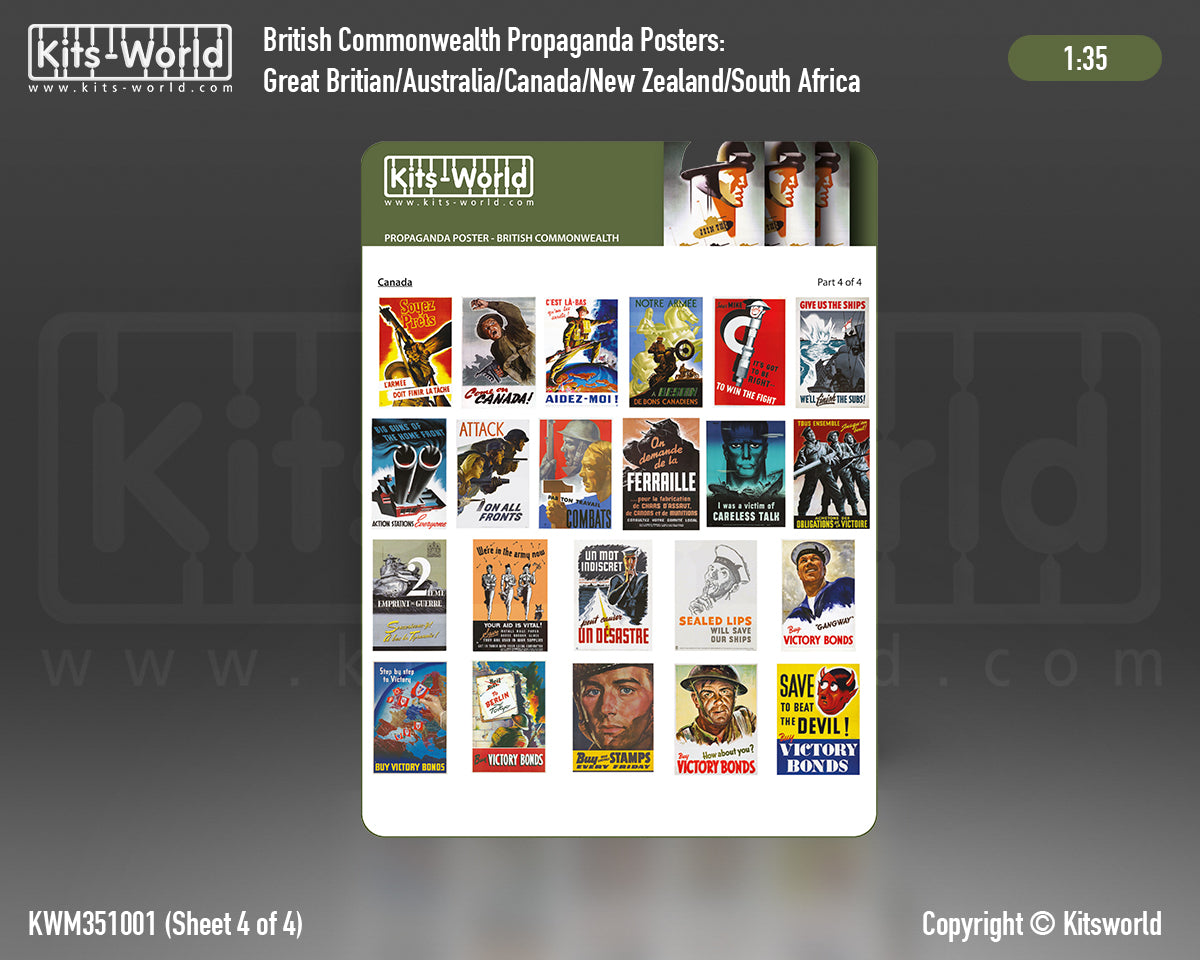 Kits-World B351001 1:35 WWII Propaganda Posters British Common Wealth 'Great Britain', 'South Africa', 'New Zealand', 'Australia', 'Canada,'.