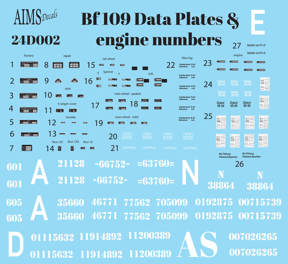 Aims 24D002 1:24 Messerschmitt Bf-109 Data Plates and engine numbers
