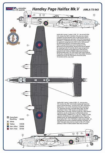 AML A72043 1:72 Handley-Page Halifax B Mk.V decals with Morris Block radiators and corrected propellers