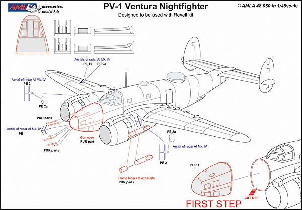 AML A48060 1:48 Lockheed PV-1 Ventura nightfighter conversion set with gun nose, night exhausts, radar aerials AI Mk.IV