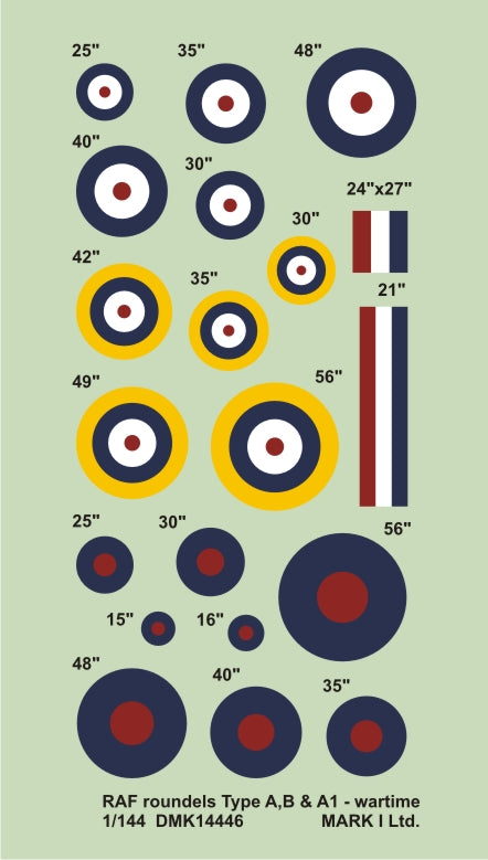 Mark I Decals DMK14446 1:144 RAF WWII roundels Type A, A1, B, 2 sets