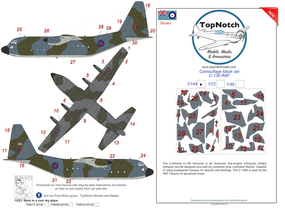TopNotch TNM144-M190 1:144 Lockheed C-130 Hercules RAF Camouflage pattern paint mask