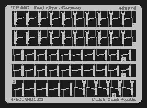 Eduard TP005 1:35 Tool Clips - German for attaching spades and axes etc to the outside of military vehicles.