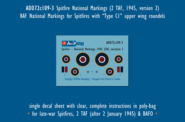 Aviaeology ADD72C109-3 1:72 Supermarine Spitfire National Markings – Late variants (2TAF, 1945, variation 2. large upper wing roundels)