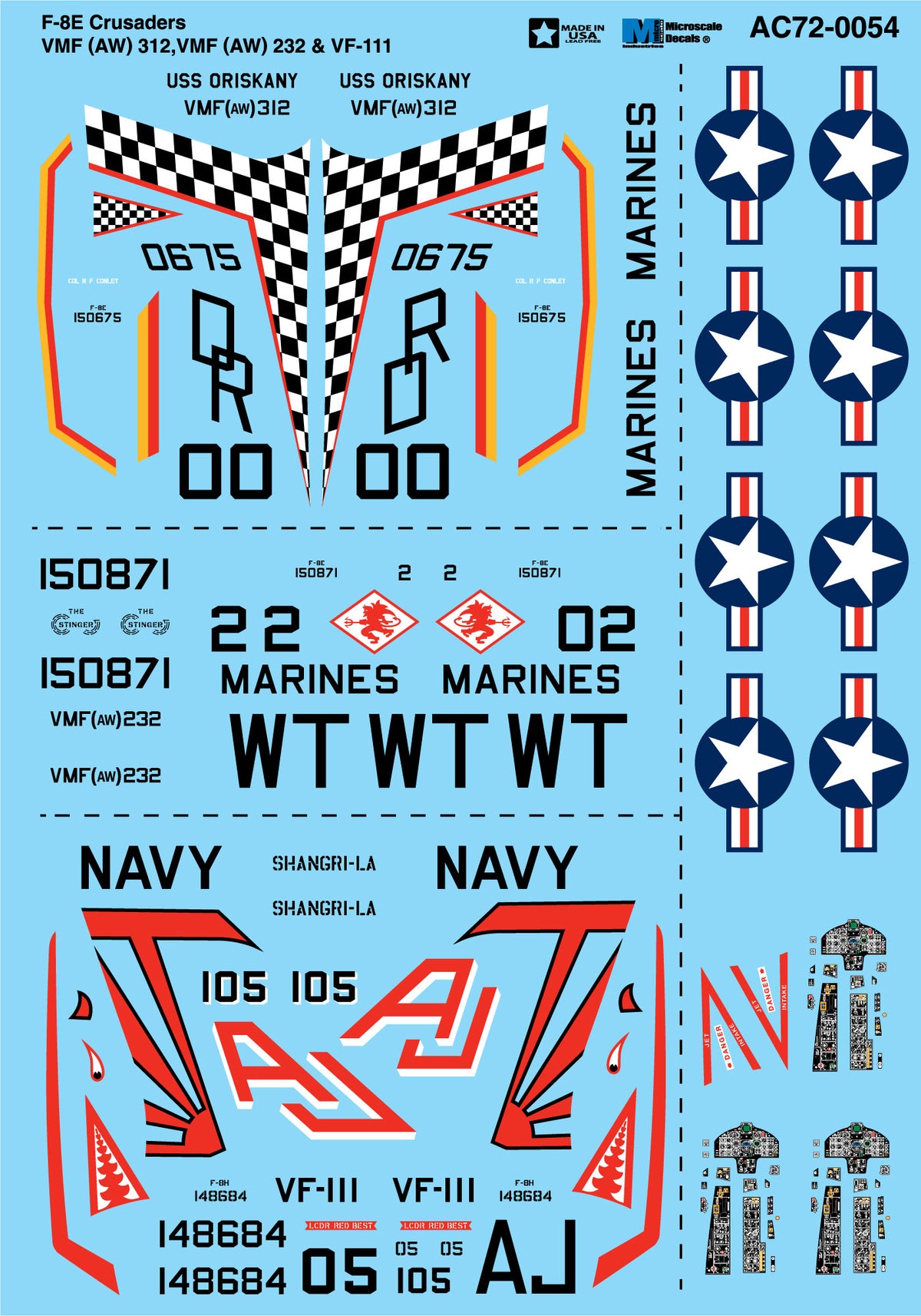 Microscale AC720054 1:72 Vought F-8E Crusaders VMF (AW) 312, VMF (AW) 232 & VF-111
