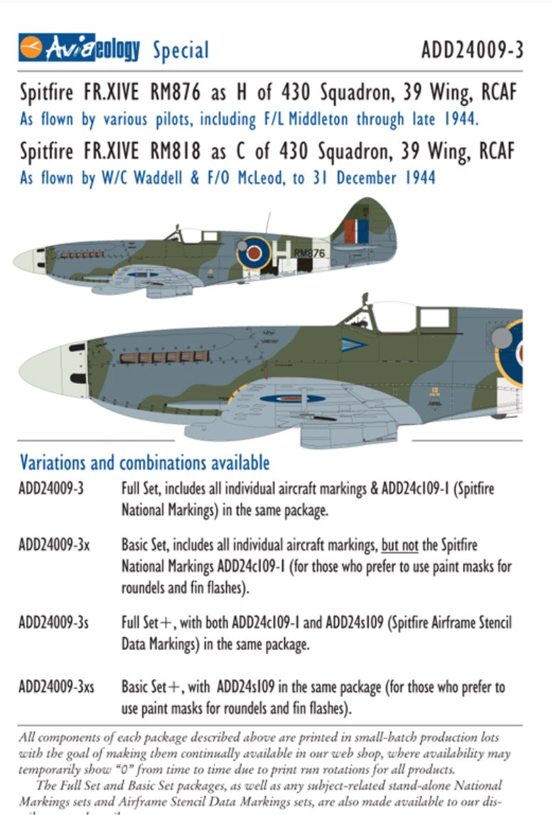 Aviaeology ADD24009-3X 1:24 Supermarine Spitfire FR Mk.XIVEs (high back) RM876 & RM818 of 430 Squadron, 39 Wing, RCAF (Basic Set)