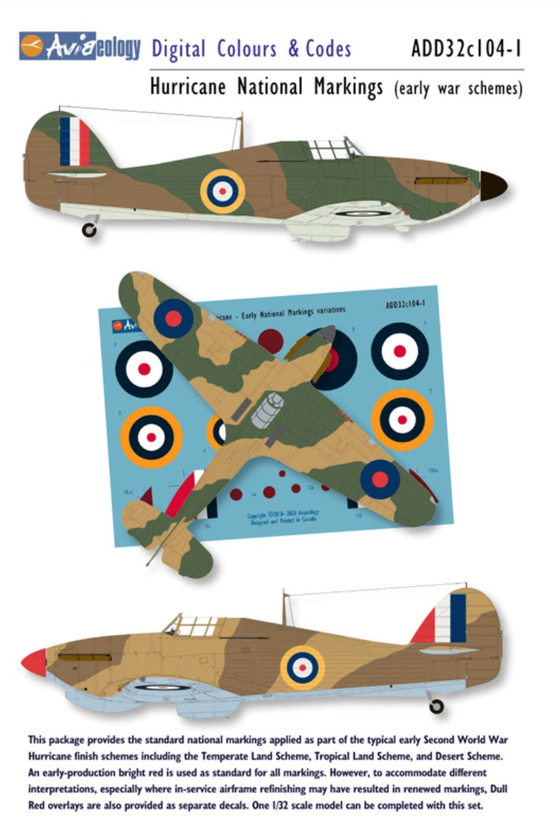 Aviaeology ADD32C104-1 1:32 Hawker Hurricane National Markings – early variation 1. This set is for early-service Hurricanes with National Markings I ('Type A' in the popular scale modelling press) roundels on the lower wing surfaces and nominally 8 in