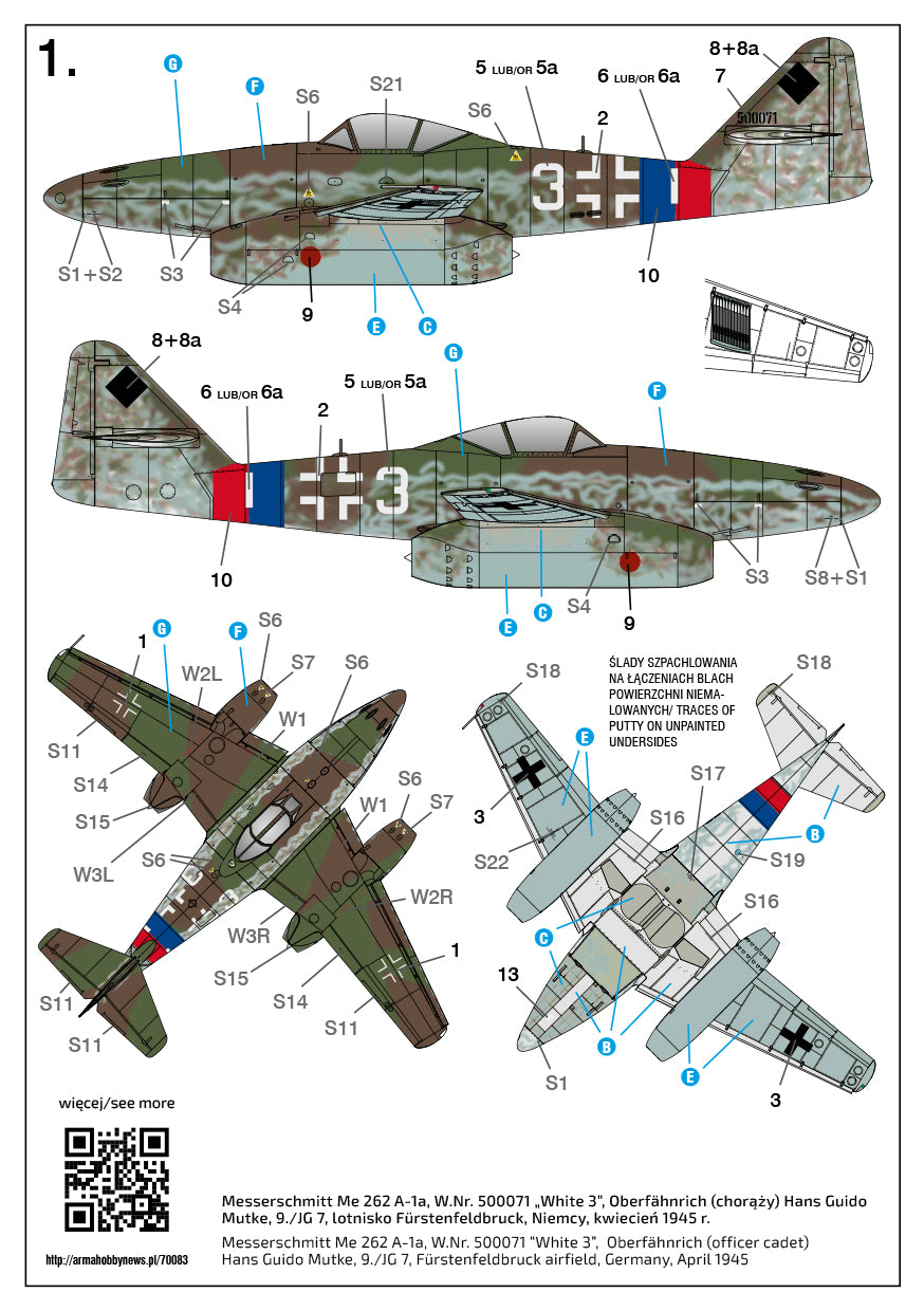 Arma Hobby 70083 1:72 Messerschmitt Me-262A-1a “White 3” (W.Nr. 500071)