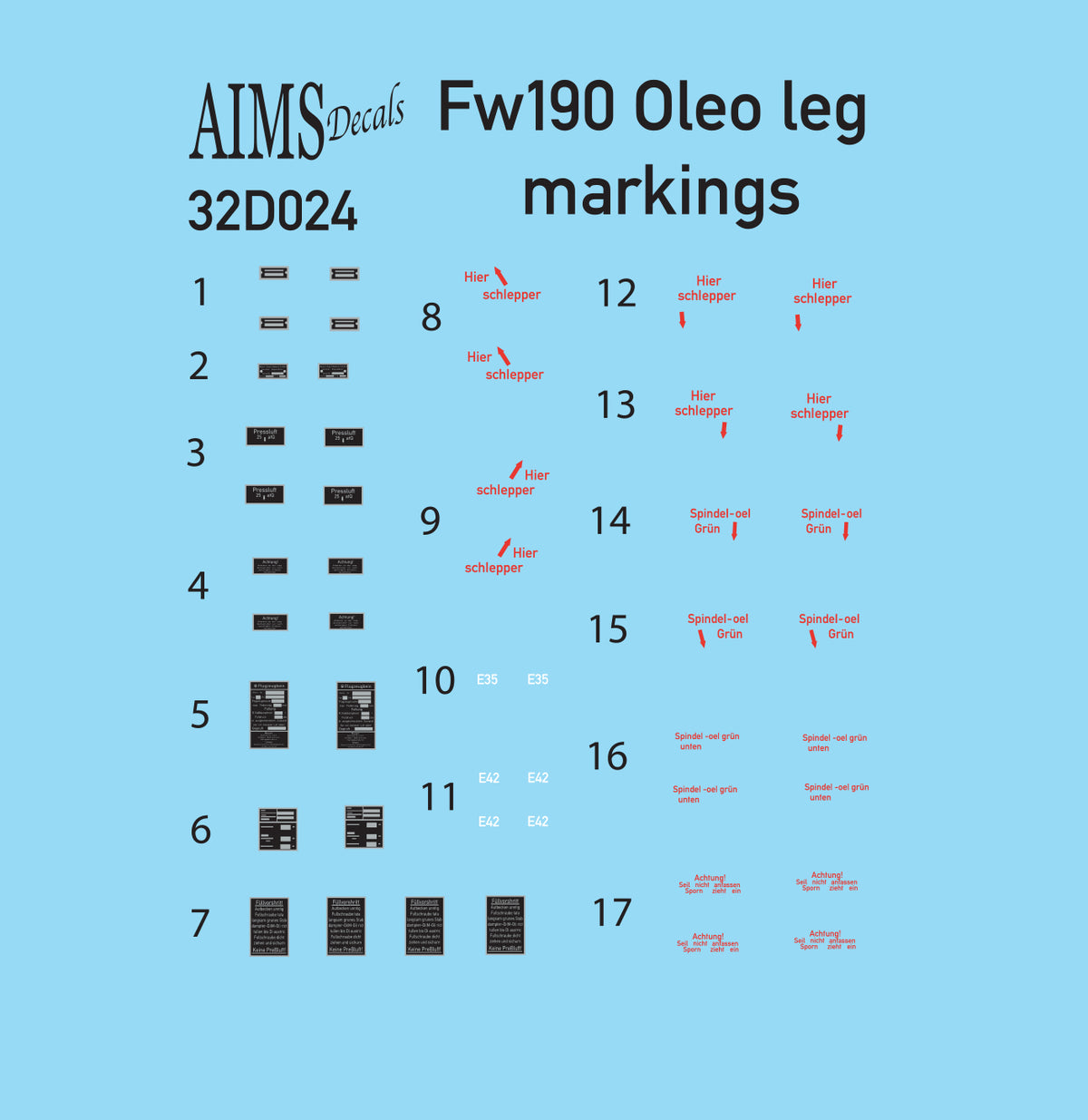 Aims 32D024 1:32 Focke-Wulf Fw-190A/Fw-190F/Fw-190D Oleo Leg Markings for 2 Aircraft