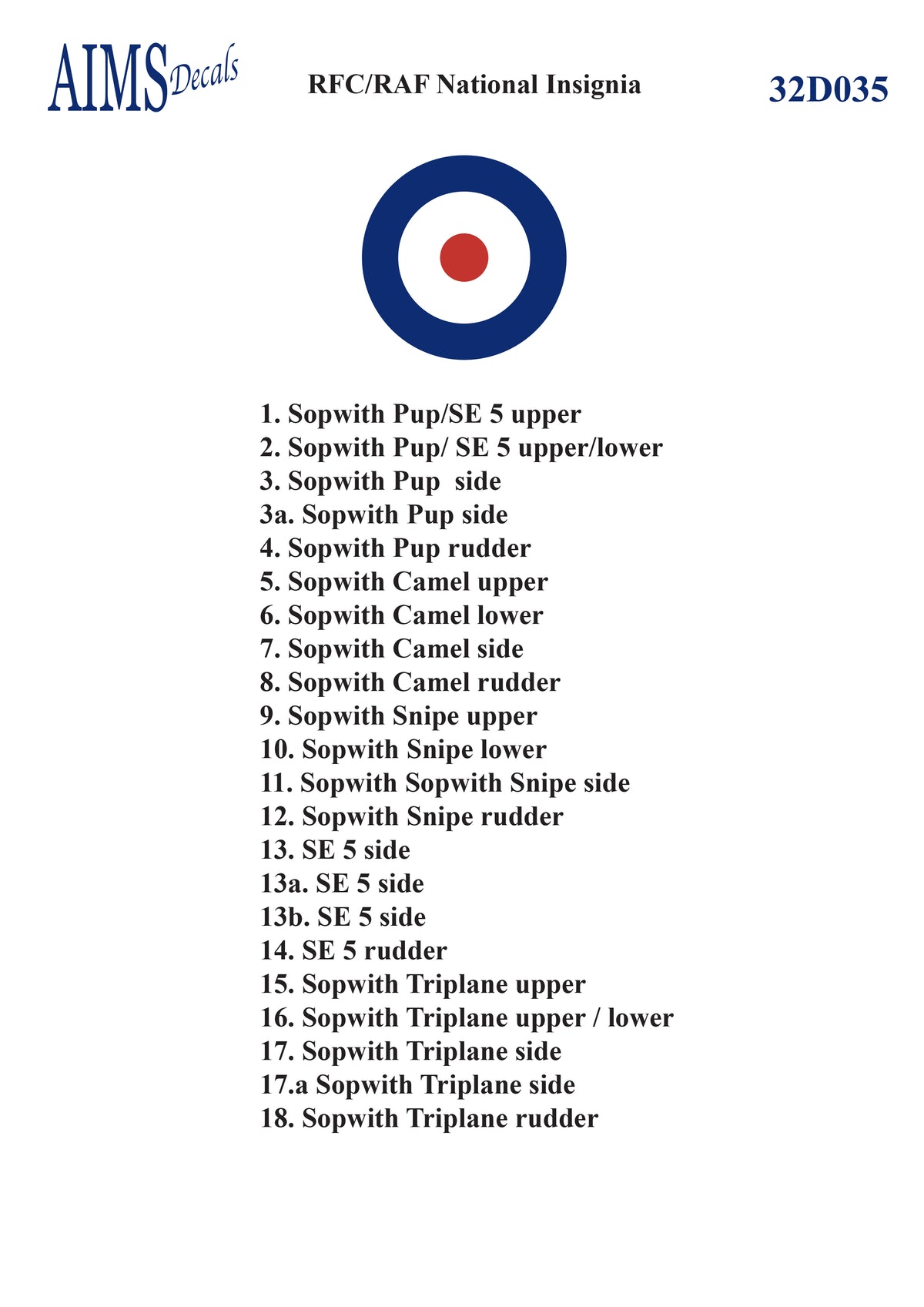 Aims 32D035 1:32 RFC/RAF roundels