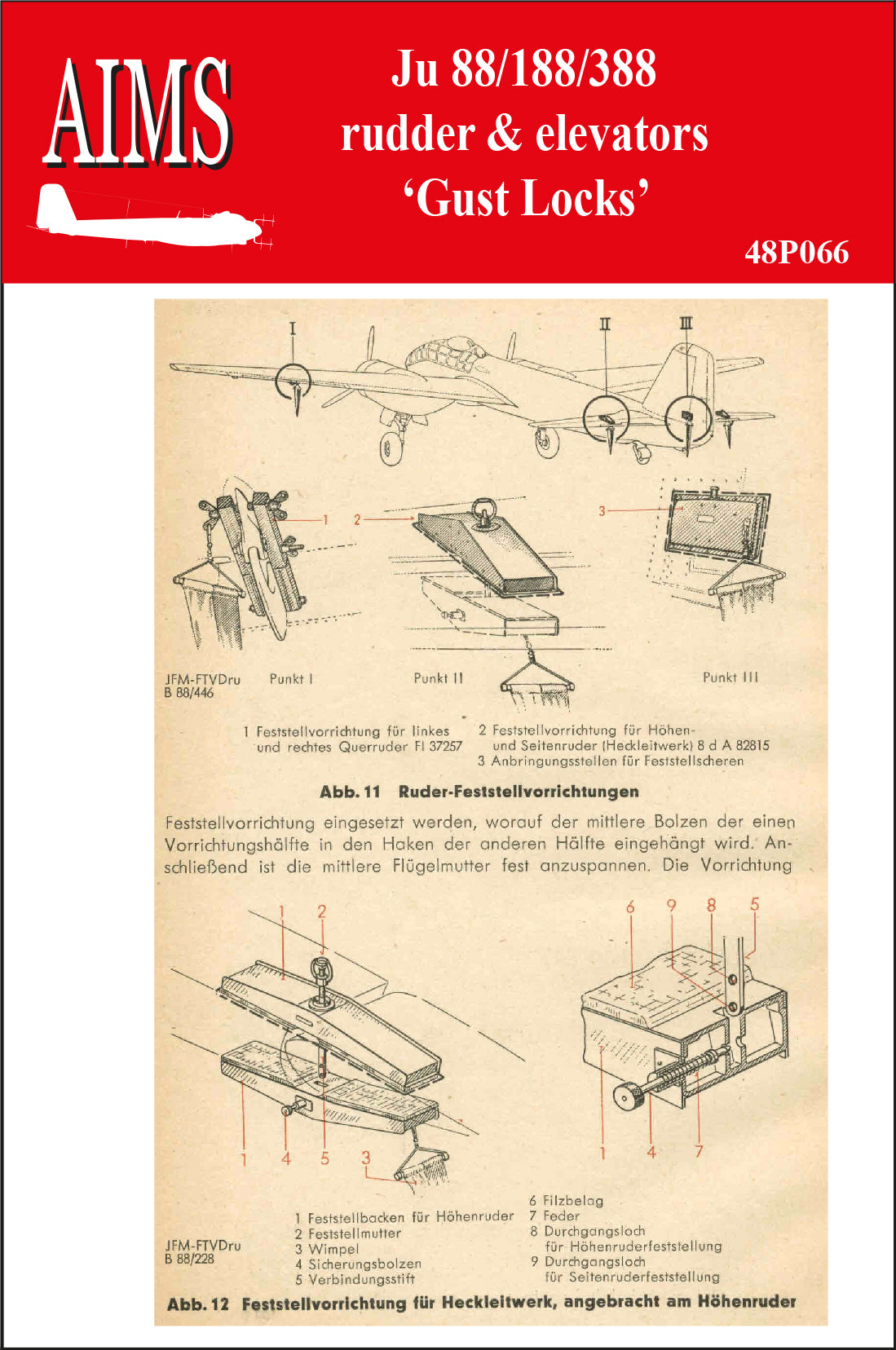 Aims 48P066 1:48 Junkers Ju-88 / Ju-188 / Ju-388 rudder and elevators Gust Locks