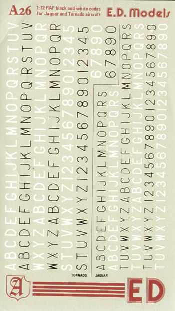 Almark A26 1:72 RAF Code Letters for Panavia Tornados and Sepecat Jaguars, black/white outline, for BAC/EE Lightning white
