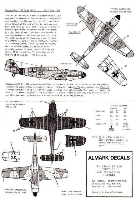 Almark C06 1:72 Me-262 Protection Flights. Focke-Wulf Fw-190D-9, Messerschmitt Bf-109G-14 1, 2; Yellow 1, 2, 20; Black 10