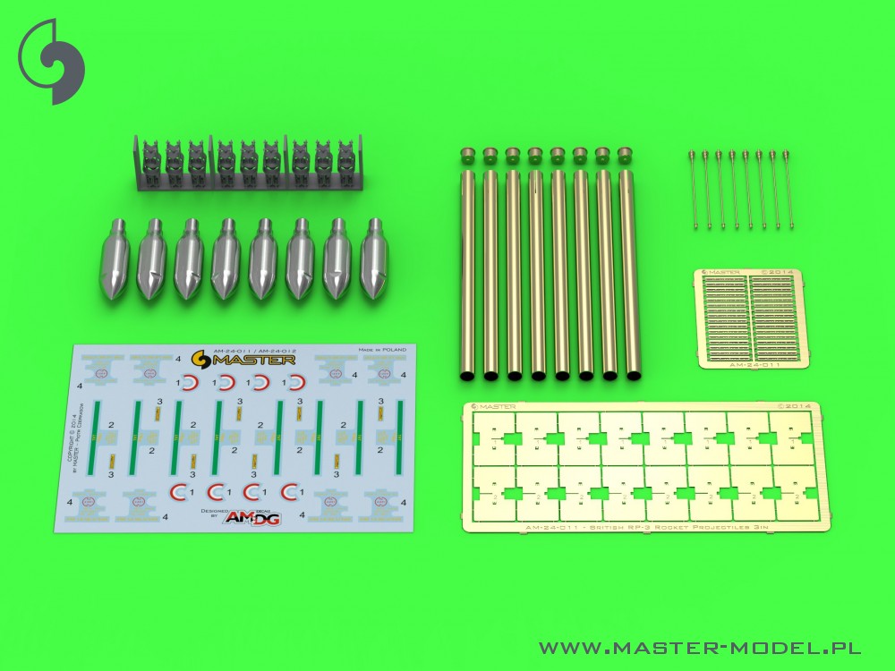 Master 24-012 1:24 British 3in Rocket RP-3 with 60LB SAP heads (8pcs) - for late Mk III rail - used on Typhoon, Mosquito, Beaufighter, Hurricane etc.