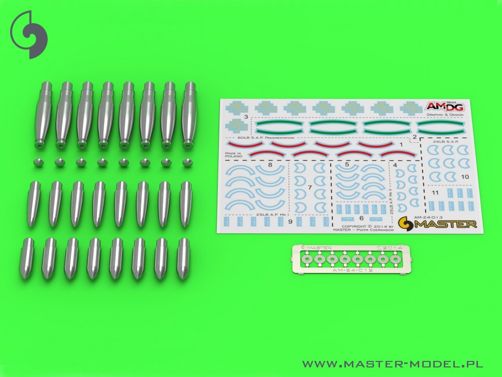 Master 24-013 1:24 Additional types of warheads for British RP-3 Rocket (60LB F, 25LB SAP, 25LB AP)