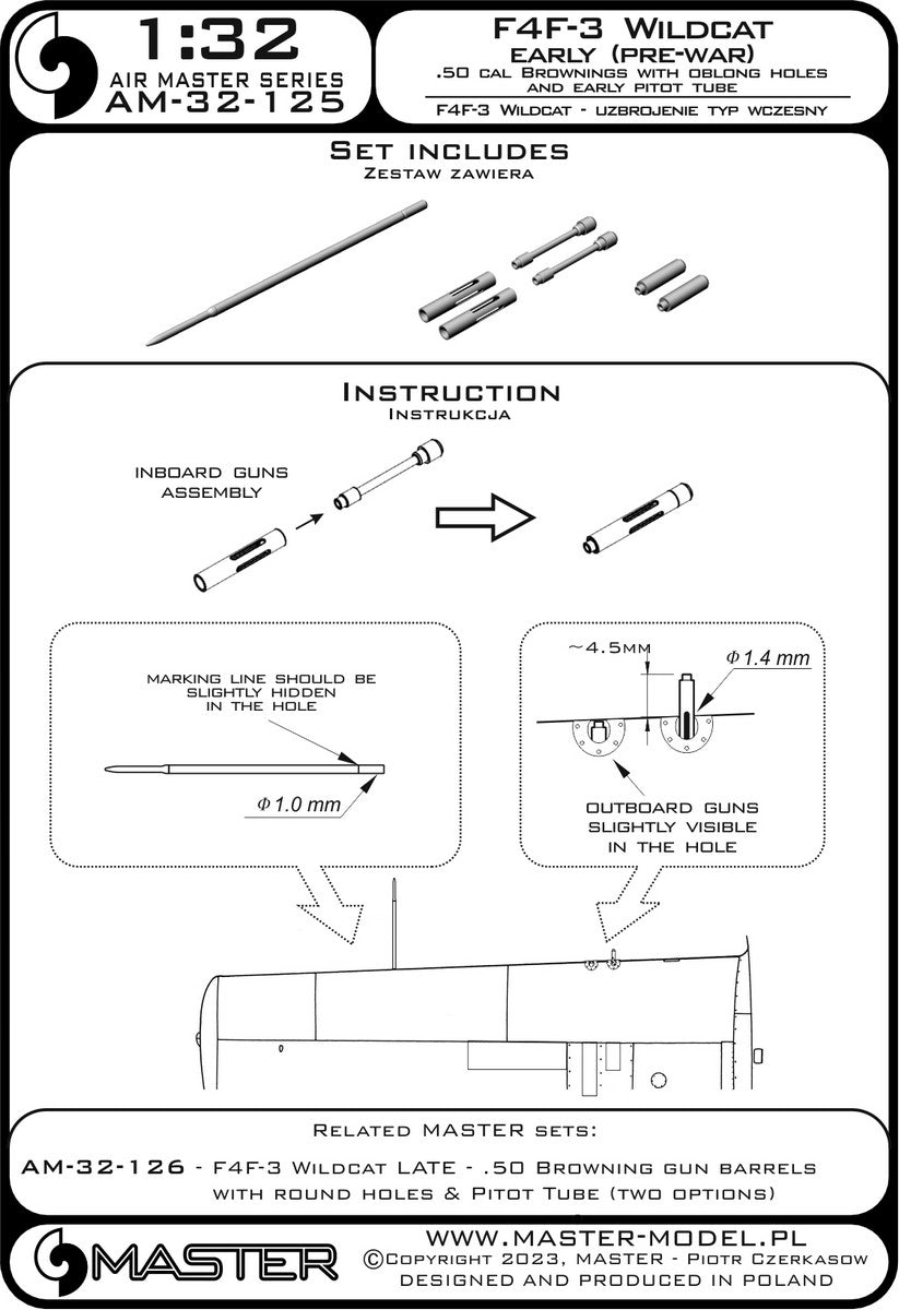 Master AM-32-125 1:32 Grumman F4F-3 Wildcat EARLY (pre-war) - .50 Browning gun barrels with oblong holes & early Pitot Tube