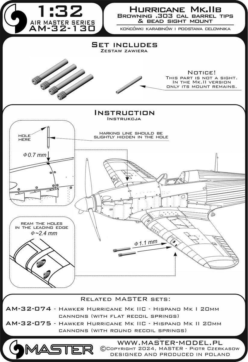 Master AM-32-130 1:32 Hawker Hurricane Mk.IIb - Browning .303 cal barrel tips & bead sight mount