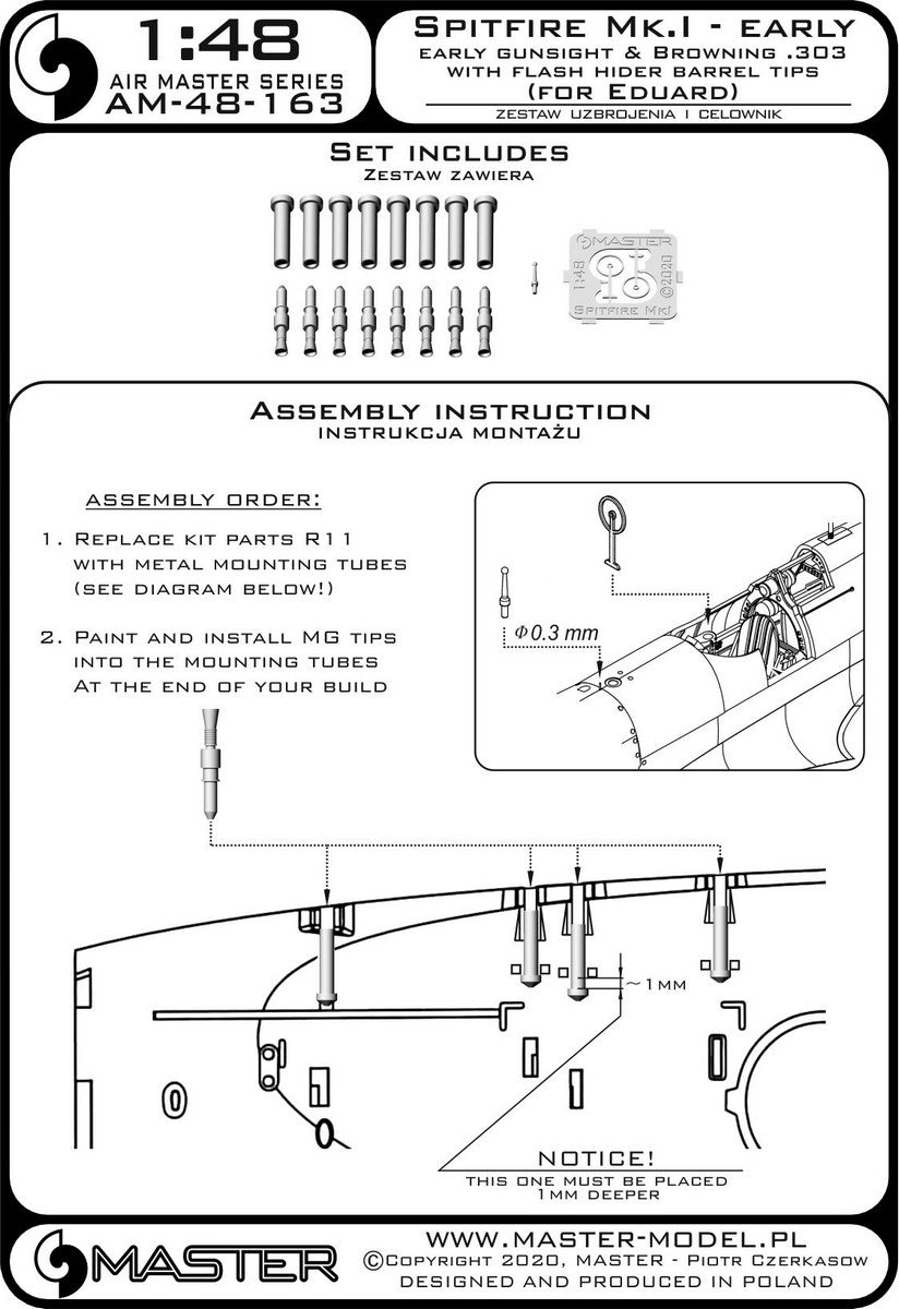 Master AM-48-163 1:48 Supermarine Spitfire Mk.I early - Browning .303 with flash hider barrel tips and early gunsight