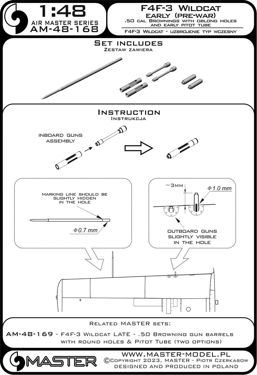 Master AM-48-168 1:48 F4F-3 Wildcat EARLY (pre-war) - .50 Browning gun barrels with oblong holes & early Pitot Tube