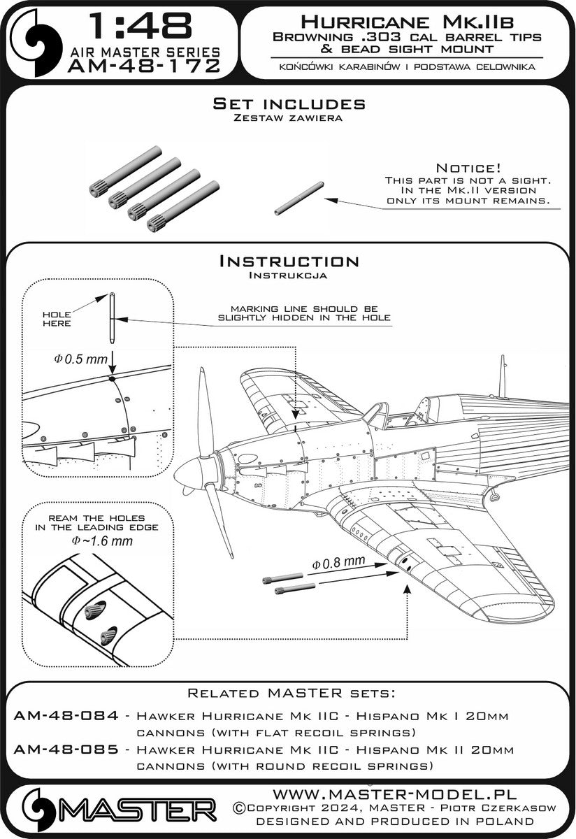 Master AM-48-172 1:48 Hawker Hurricane Mk.IIb - Browning .303 cal barrel tips & bead sight mount
