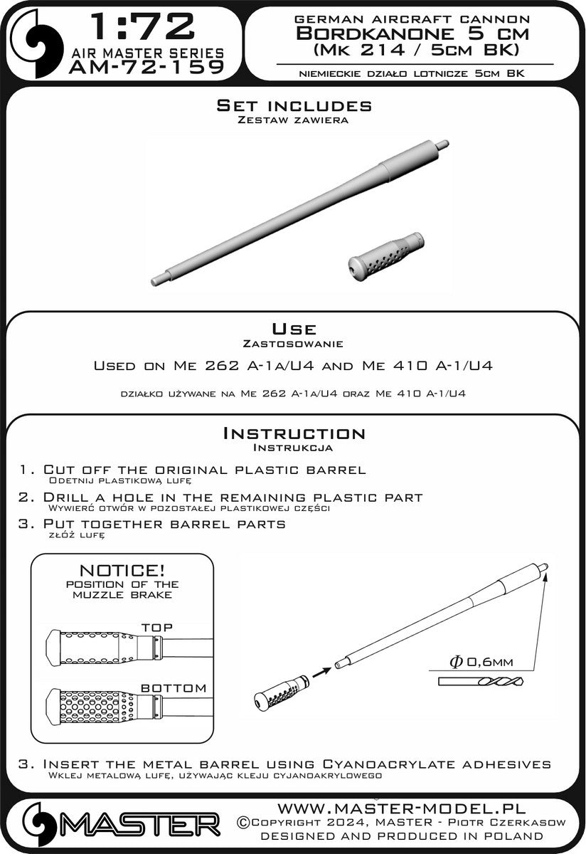 Master AM-72-159 1:72 German cannon Bordkanone 5cm with resin muzzle (Mk 214 / 5cm BK)