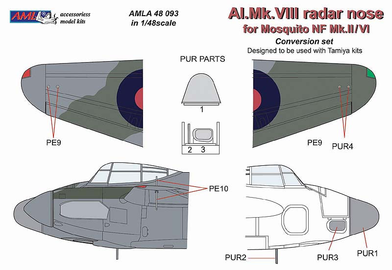 AML A48093 1:48 de Havilland Mosquito NF.XII / NF.XIII with A.I. Mk.VIII radar nose for Mosquito F.II/VI conversion set