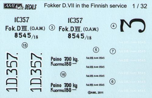 AML C2017 1:32 Fokker D.VII. 2 decal versions : Fokker D.VII in the Finnish Service