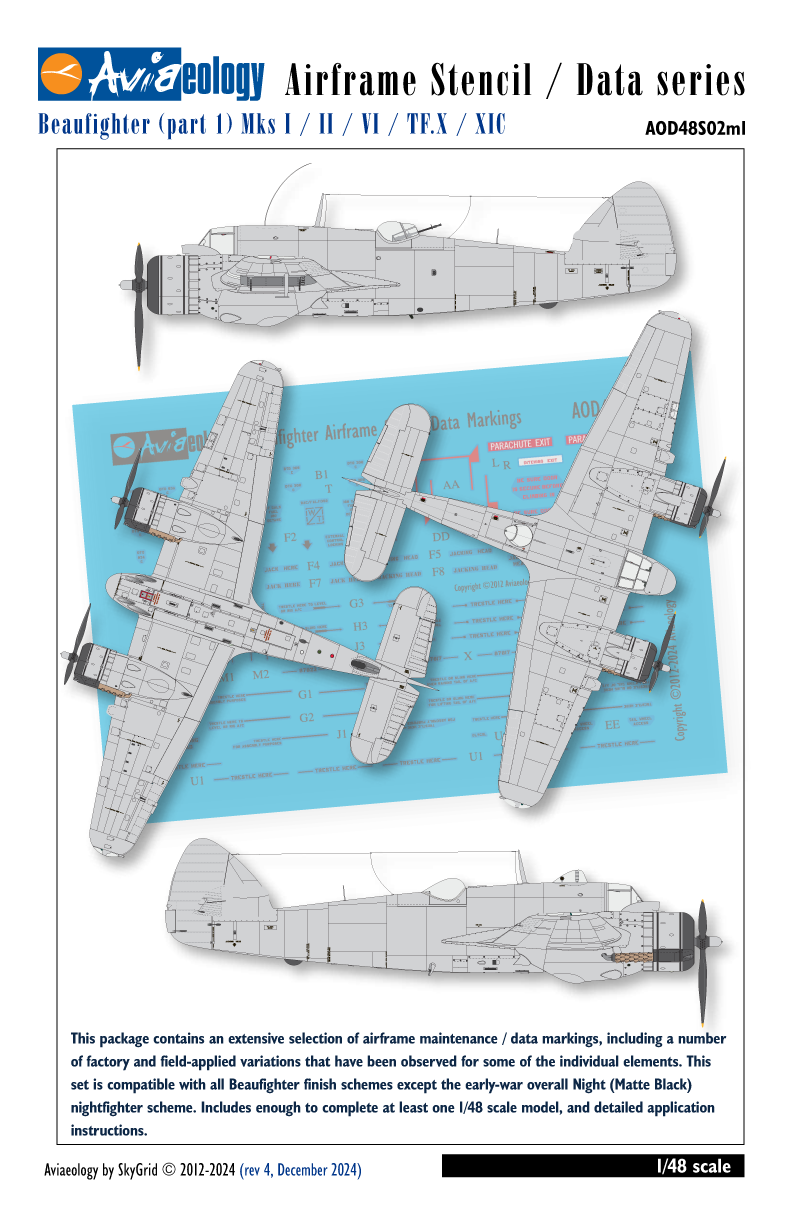 Aviaeology AOD48S02M1 1:48 Bristol Beaufighter airframe stencil/data markings