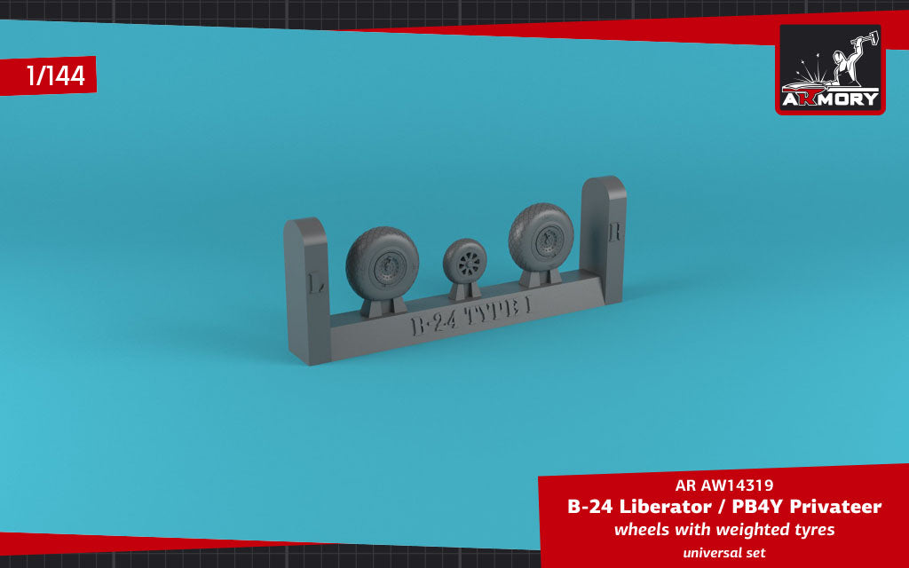 Armory AW14319 1:144 Consolidated B-24 Liberator / PB4Y Privateer wheels with weighted tYres, diamond thread (GY)
