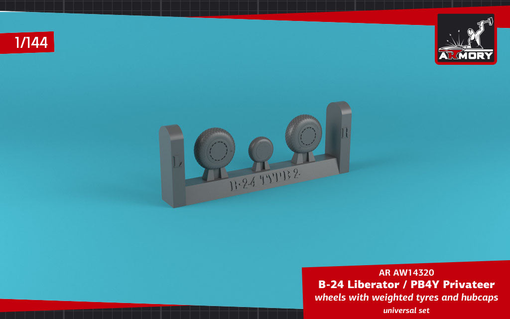 Armory AW14320 1:144 Consolidated B-24 Liberator / PB4Y Privateer wheels with weighted tyres, cross thread (FS) & hubcaps