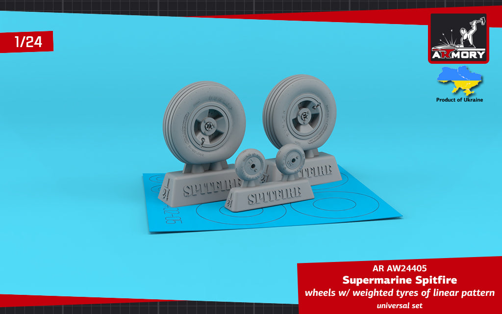 Armory AW24405 1:24 Supermarine Spitfire Mk.IXc wheels with weighted tyres of linear pattern & 3-spoke hubs