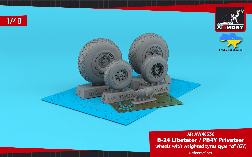 Armory AW48338 1:48 Consolidated B-24D/B-24J Liberator / PB4Y Privateer wheels with weighted tyres type 'a' (GY), 2 types nose wheels
