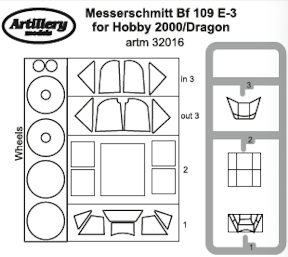 Artillery M32016 1:32 Messerschmitt Bf-109E-3 wheels and canopy frame paint mask